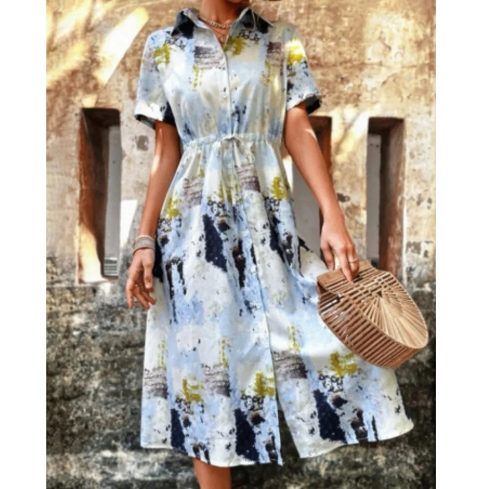 Boho tie dye drawstring waist shirt belted dress - Picture 2 of 5